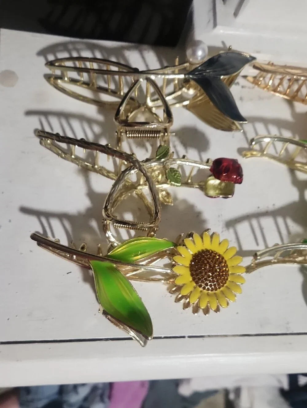 8 Gold Floral and Butterfly Hair Clip Set with Pink, Green, Yellow Accents